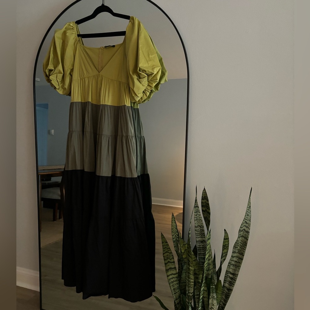 Forever 21 Yellow and Olive Tiered Maxi Dress